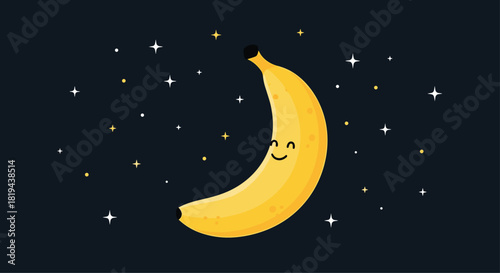 Whimsical cartoon illustration of a happy banana shaped like a crescent moon in a dark starry night sky a fun and imaginative design.