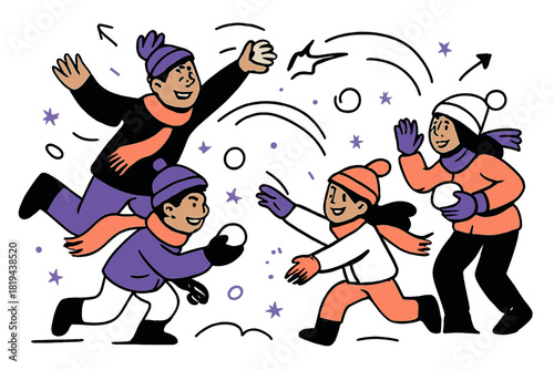 Dynamic Snowball Battle. Snowball fight with friends. Kids and adults engaged in playful snow fight, snow