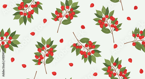 Fresh and vibrant seamless pattern of red berries on green branches with fallen petals a natural and organic botanical background.