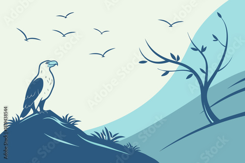 Eagle on Cliff Print | Blue Minimalist Landscape Art