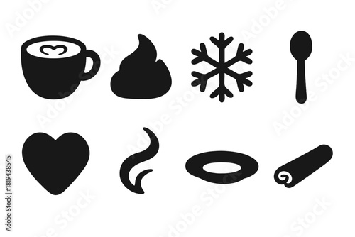 Cozy Coffee Icons. Cozy Coffee. Filled icon set of Cozy Coffee: latte cup, foam, snowflake, spoon, heart,