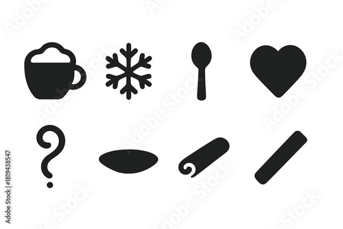 Snowy Sip Icons. Snowy Sip. Filled icon set of Snowy Sip: latte cup, foam, snowflake, spoon, heart, steam