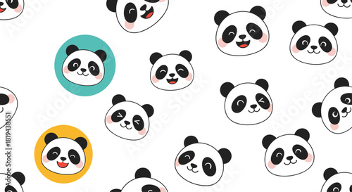 Adorable and cute seamless pattern of happy cartoon panda faces with colorful circles a sweet animal background for children's designs.