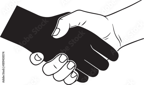Diverse hands shaking in unity and agreement black and white illustration
