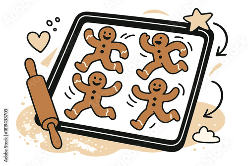 Festive Gingerbread Baking. Gingerbread cookies on baking tray. Freshly shaped cookies ready for the oven,