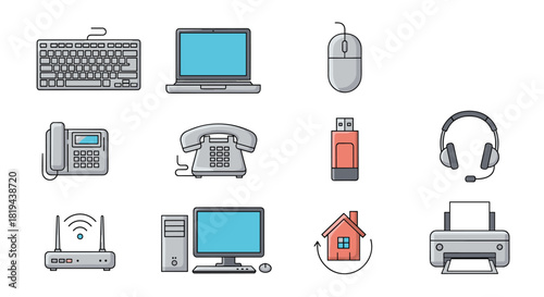 Comprehensive collection of flat line office electronics icons including computer peripherals and communication devices for modern workspace.