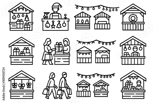 Winter Holiday Stalls. Winter holiday stalls. Line outline icon set of winter holiday stalls: stalls with