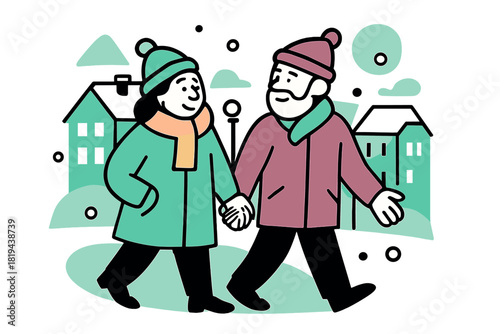 Winter City Stroll. Winter city walk. Elderly pair holding hands, wearing winter hats and coats, softly lit