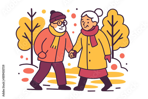 Elderly Winter Stroll. Winter love stroll. Elderly couple walking hand in hand, snow-covered trees behind,