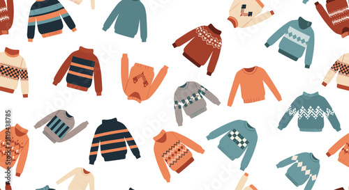 Cozy and colorful seamless pattern of various winter sweaters with different designs a warm background for textile or seasonal fashion.