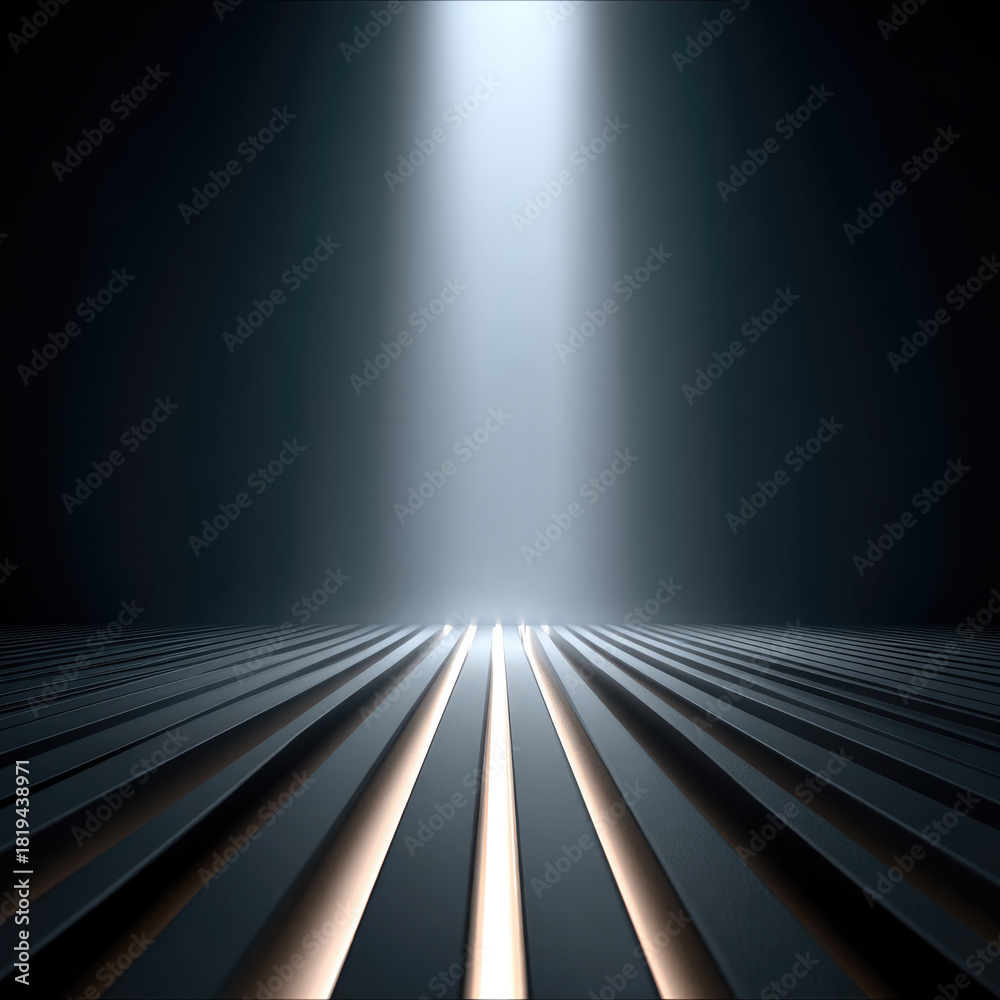Fototapeta premium Symmetrical futuristic background with dramatic light beam, metallic floor, abstract lines, modern minimal design, mysterious atmosphere