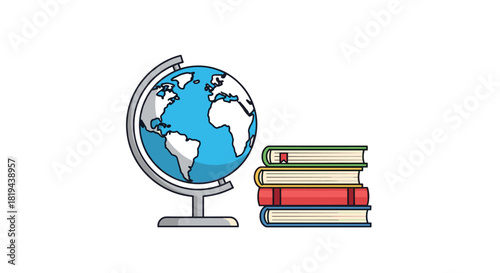 Educational illustration featuring a colorful world globe and a stack of books representing learning knowledge and global education.
