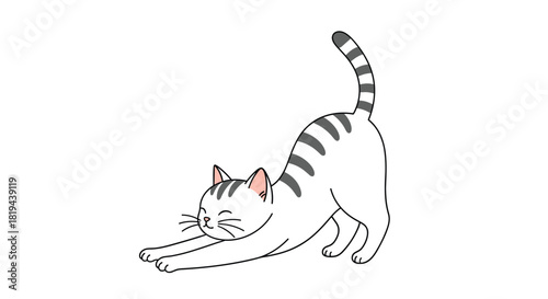 Cute line art illustration of a domestic cat stretching with a happy expression a simple pet graphic for animal lovers.