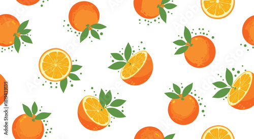 Fresh and vibrant seamless pattern of whole and sliced oranges with green leaves a juicy citrus fruit background for food or summer designs.