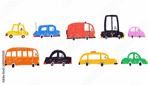 A charming collection of doodle-style hand-drawn cars and bus illustrations, perfect for children's designs and playful transportation themes on white background