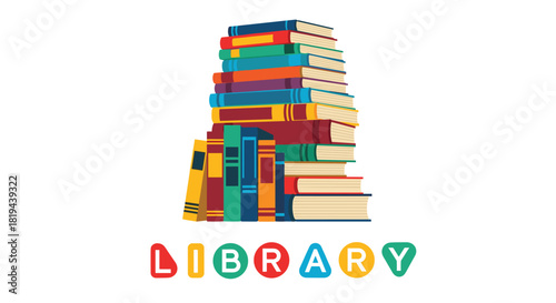 Colorful stack of books with the word "Library" written below in bright playful letters an icon for education reading and knowledge.