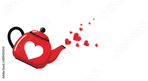 Stylish red teapot with a white heart design emitting small red hearts a romantic illustration for tea love or Valentines Day.