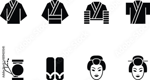 Black and White Graphic Illustration of Japanese Culture Elements