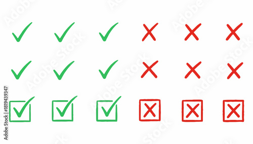 Checkmark and Cross Icons Green Tick Marks and Red X Symbols for Choices and Selections