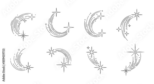 Collection of eight hand-drawn shooting stars and comets in a delicate black line art style for celestial and magical designs.