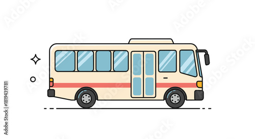 Simple and clean cartoon illustration of a beige passenger bus with a red stripe isolated on a white background with sparkles.