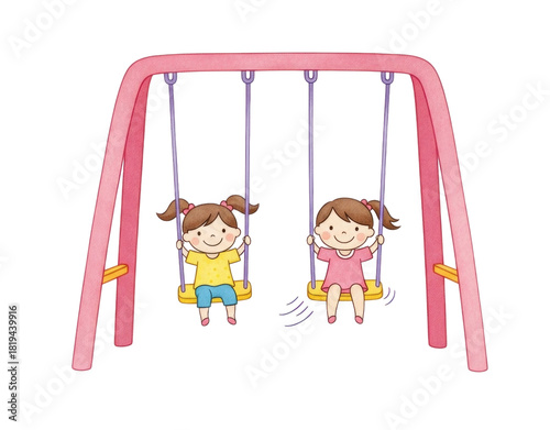 Two Cartoon Girls on a Pink Swing Set Illustration Isolated