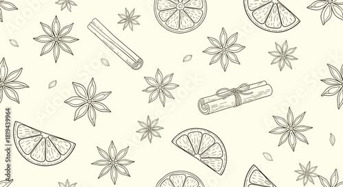 Seamless pattern background with hand-drawn winter spices including star anise cinnamon sticks and dried orange slices vector.