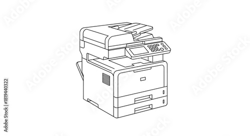 Simple black line art illustration of a modern office multifunction printer and copier machine isolated on a white background.