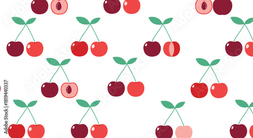 Seamless pattern background with cute and simple cartoon cherry illustrations in various shades of red on a white backdrop.