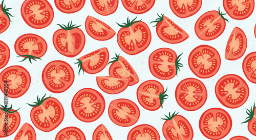 Seamless pattern with ripe red tomatoes and sliced tomatoes a healthy vegetable ingredient for cooking and salads on a light background.