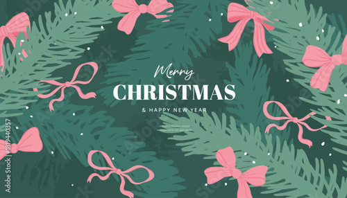 Festive Holiday Greeting with Christmas Tree Branches and Pink Bows - Season's Greetings Design