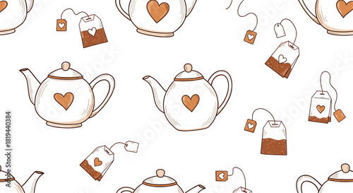 Seamless pattern with cute teapots with hearts and tea bags with hearts a cozy and warm design for textile or kitchenware.