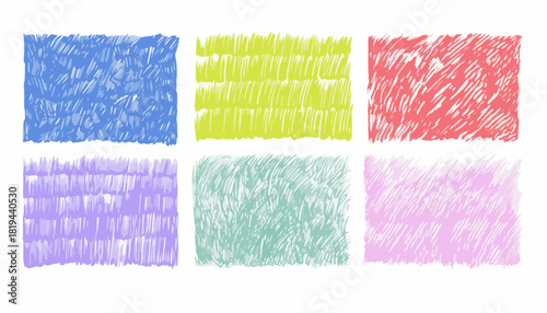 Vibrant collection of hand-drawn scribble texture swatches in various bright colors, perfect for artistic backgrounds, decorative elements, and playful graphic design projects