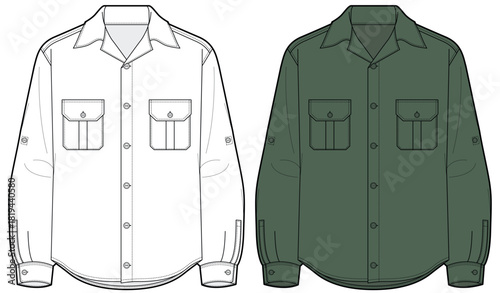mens long sleeve safari shirt flat sketch vector illustration technical cad drawing template