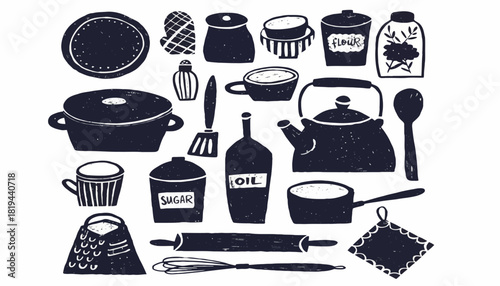Rustic Hand-Drawn Kitchen Utensils and Cookware Collection - Vector Art Illustration Set for Food Preparation and Culinary Design