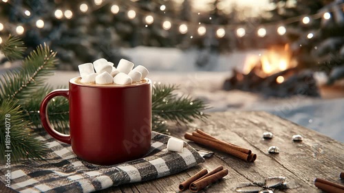 Cozy warm drink with marshmallows and festive decor by the fireplace in winter evening setting