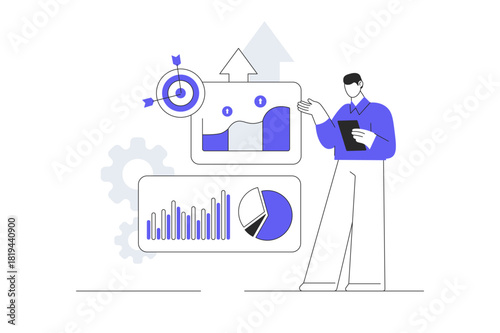 Dashboard statistics, business finance report. Big data, monitoring investments. Man analyst working  analyzing chart growth and site statistic. Flat Cartoon Vector Illustration, icon Stylish web