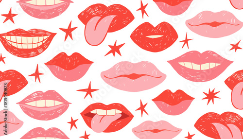 Abstract seamless pattern of colorful lips and stars with playful expressions