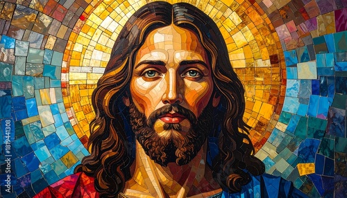 Portrait of a man with a beard, centered against a stained-glass halo