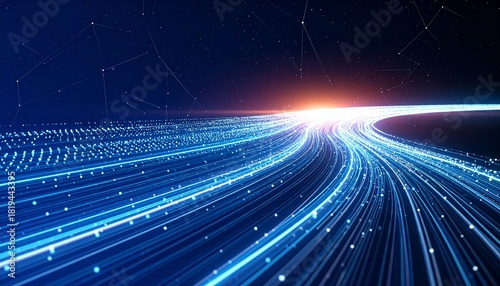 Futuristic blue data lines curving toward bright light on dark background with star-like nodes — high-speed tech concept.