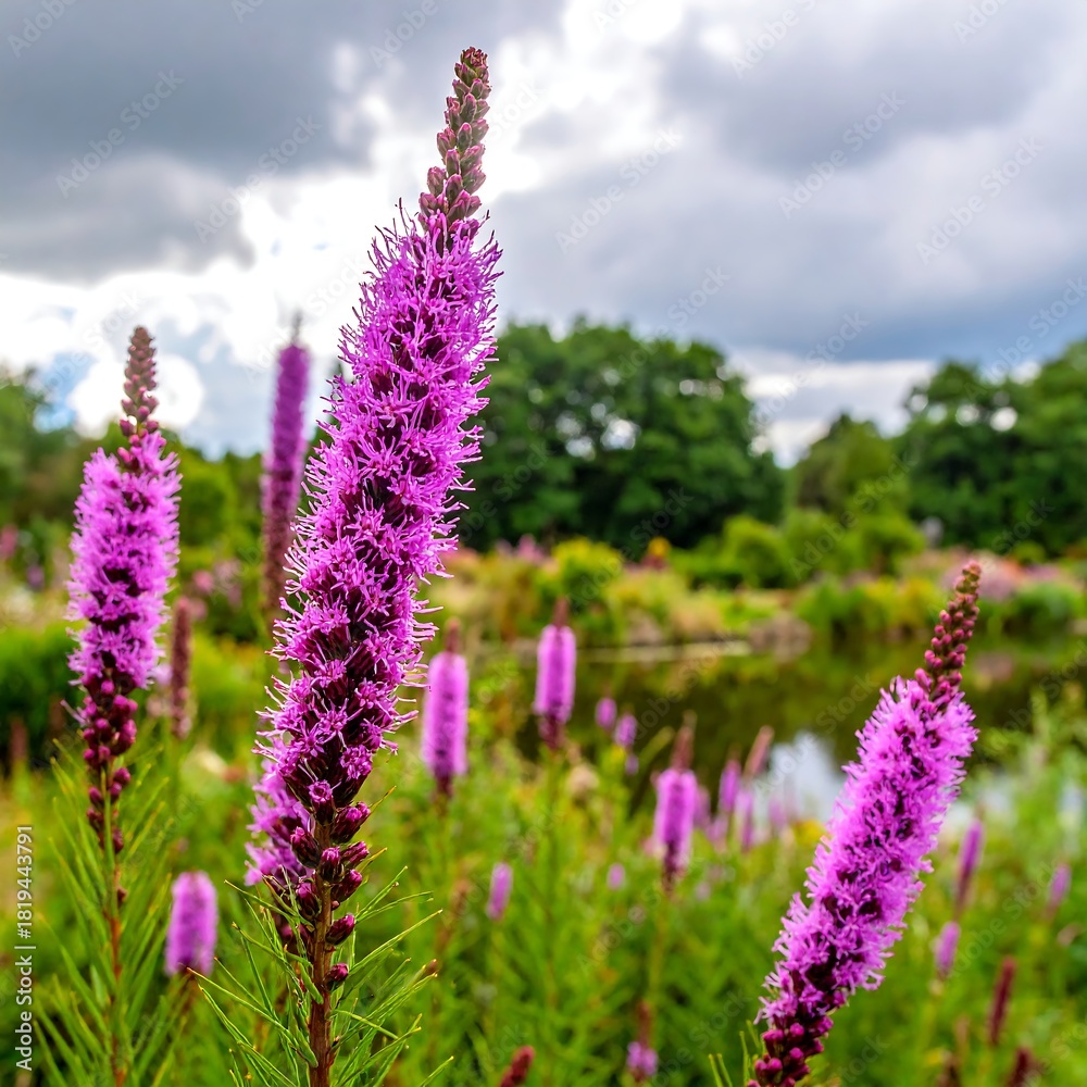 Obraz premium Purple flowering plants stand tall in a garden with a pond