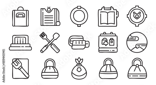 Black and white contour illustration of travel and tourism icons