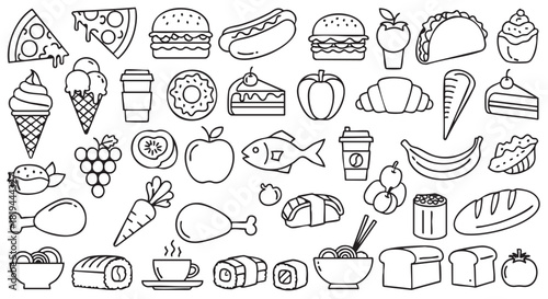 Black and white food icon seamless pattern including pizza burger ice cream