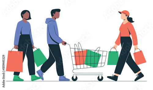 People carrying shopping bags and pushing a shopping cart.