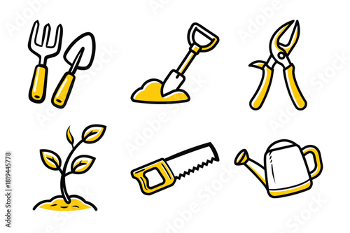 A set of gardening tools,  vector doodle icons