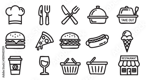 Black and white line art food and drink icon collection