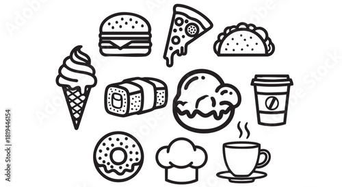 Black and white outline illustration of a variety of different food items