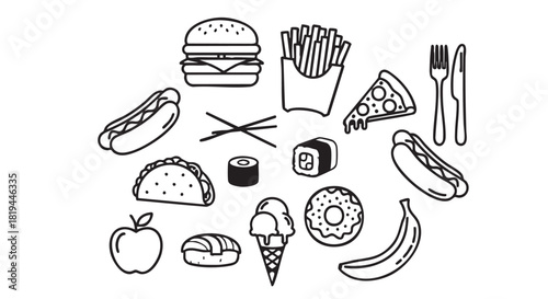 Black and white outline illustration of various common food items