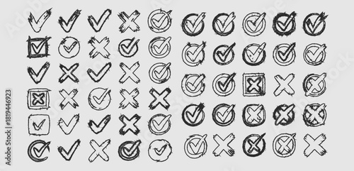 Hand drawn check mark and cross mark symbols isolated on white background vector illustration