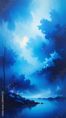 Serene, dreamy depiction of a tranquil waterscape under a sky